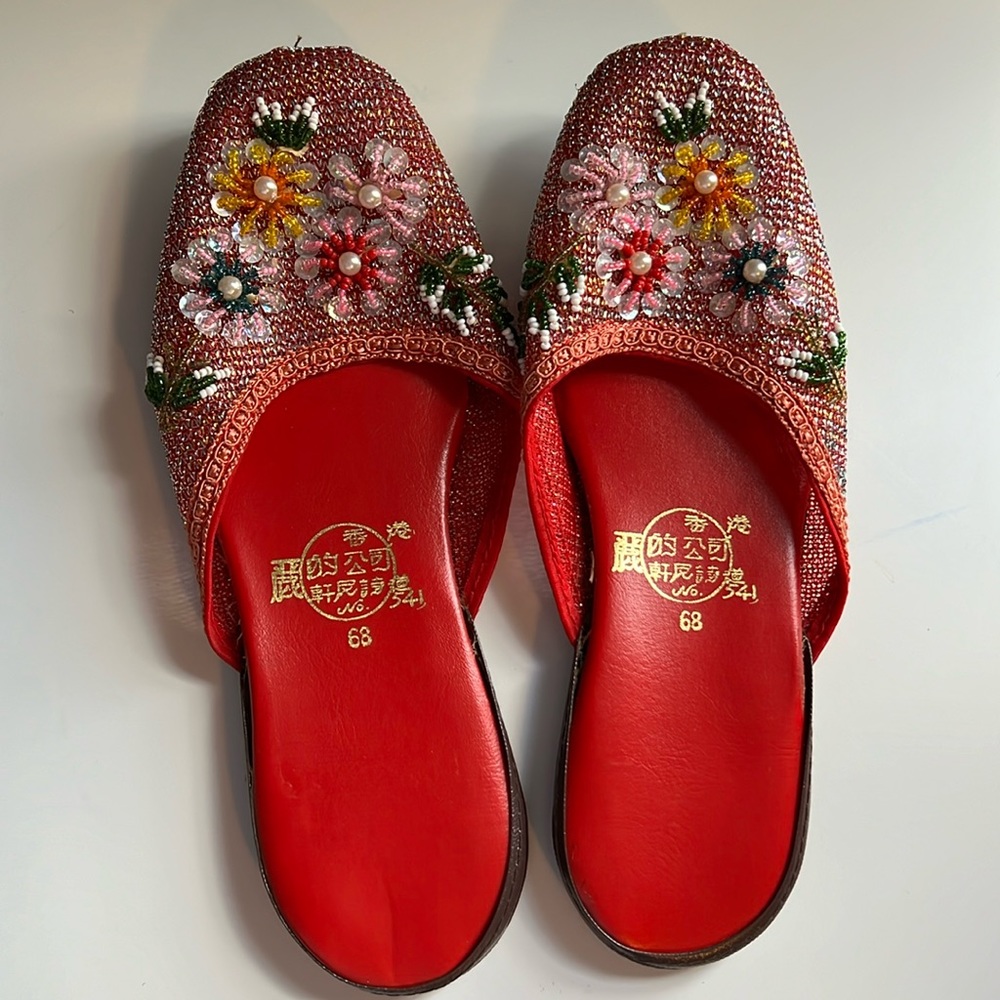 Beaded Slipper Floral Pink Red Size 6-7